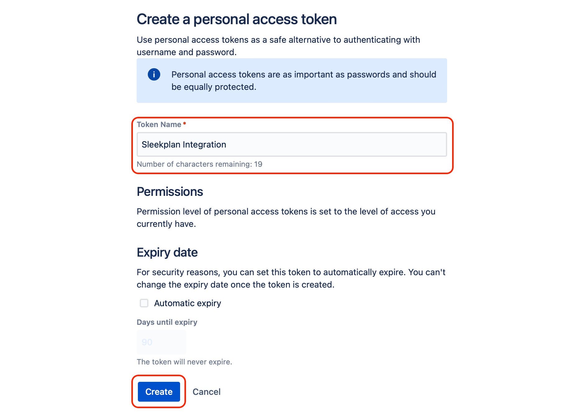 Jira Data Center's Create a personal access token screen with the token named Sleekplan Integration and automatic expiry disabled