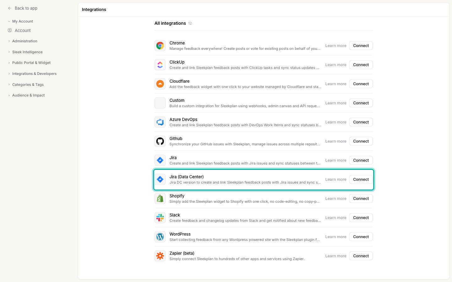The Sleekplan Integrations settings page with the Jira (Data Center) row highlighted