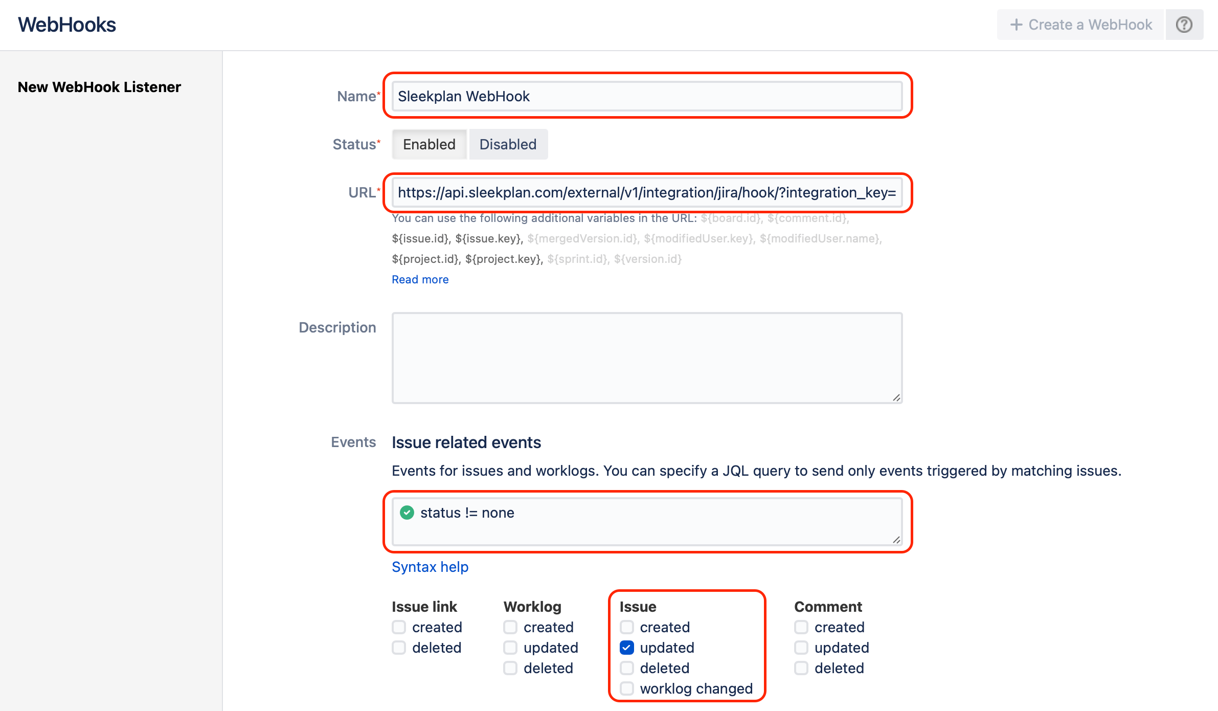 Jira Data Center's New WebHook Listener form with the name Sleekplan WebHook, the Sleekplan webhook URL, and the Issue updated event selected
