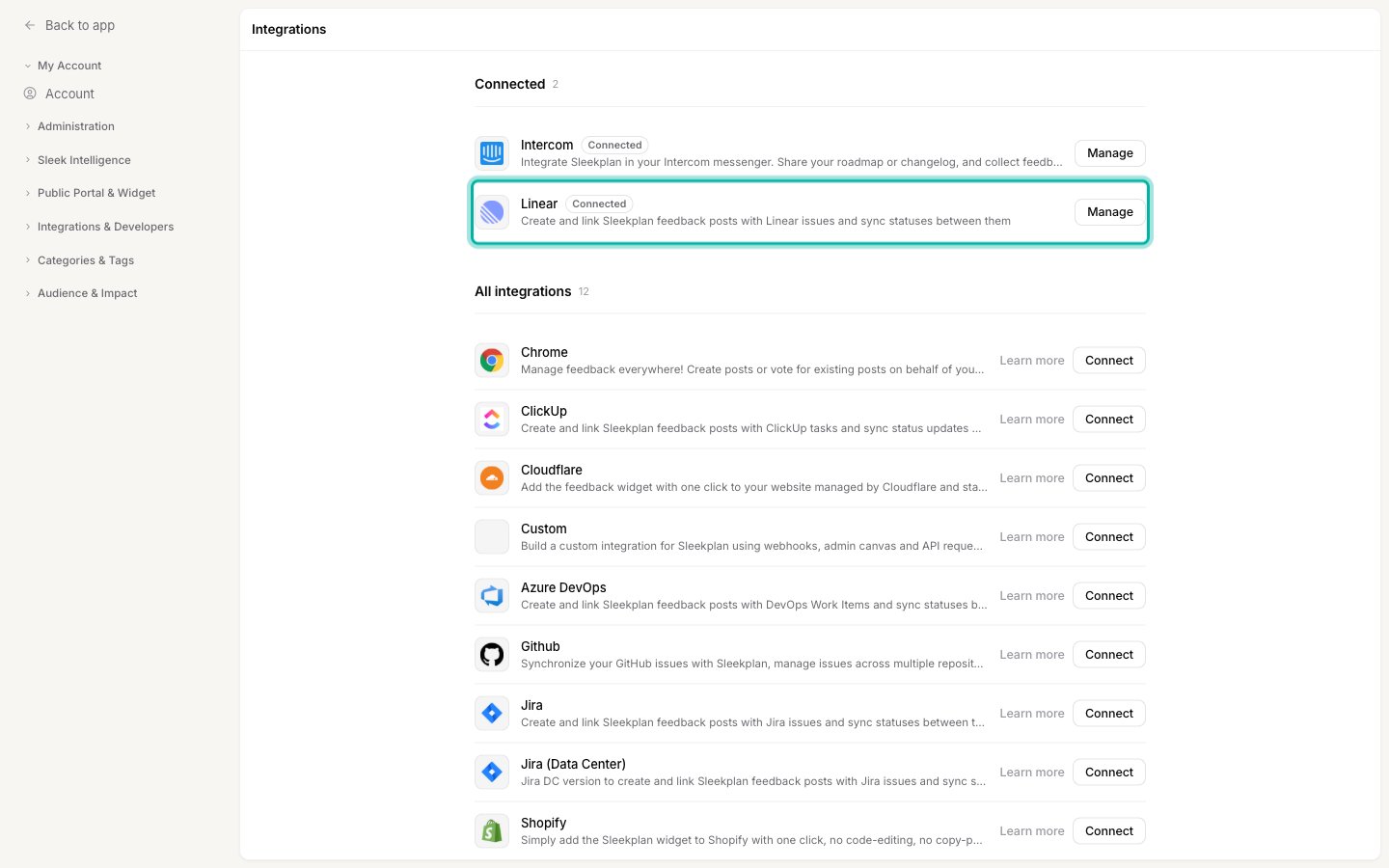 The Integrations settings screen with Linear listed under Connected and a Manage button