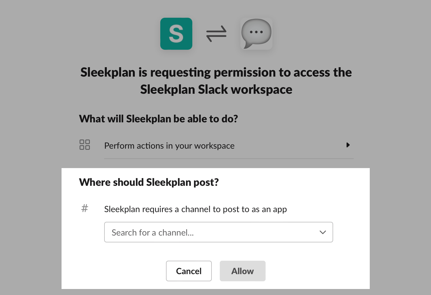 Slack's authorization screen asking to allow Sleekplan access, with a "Where should Sleekplan post?" channel picker and Allow button