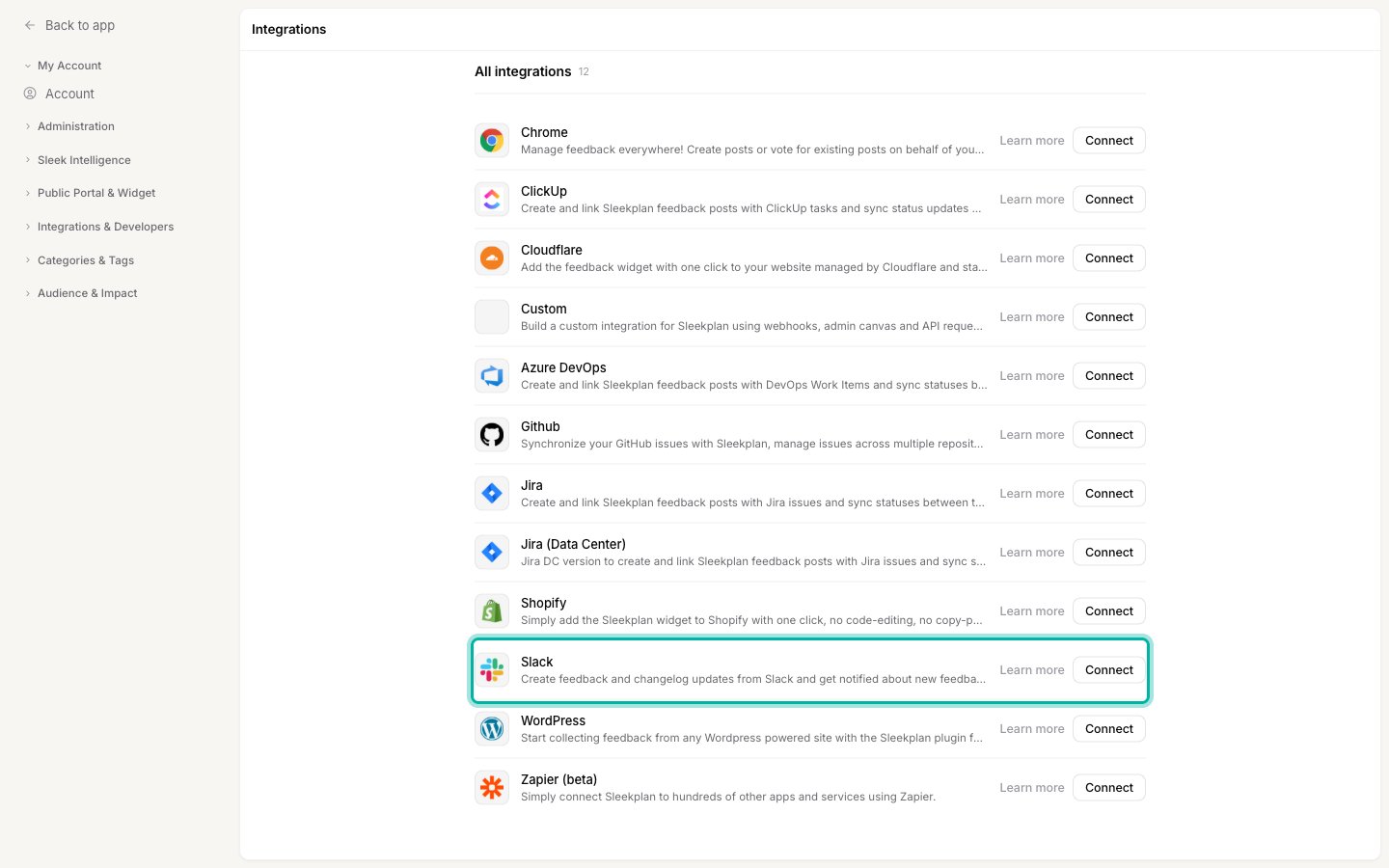 The Integrations settings screen with the Slack row highlighted and its Connect button