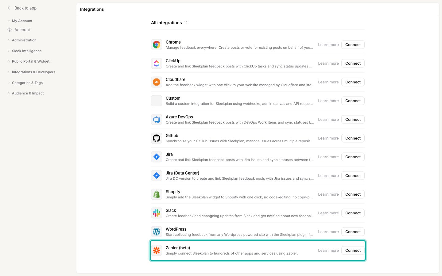The Sleekplan Integrations screen with the Zapier (beta) row highlighted and its Connect button