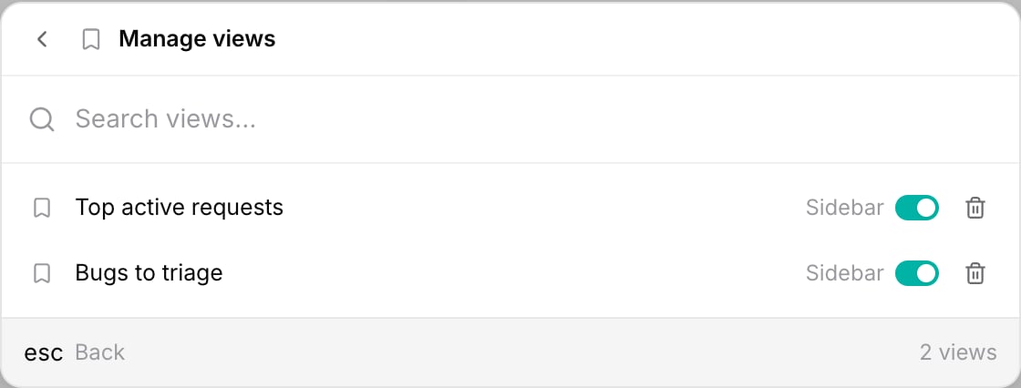The Manage views panel listing two views, each with a Sidebar toggle and a delete button