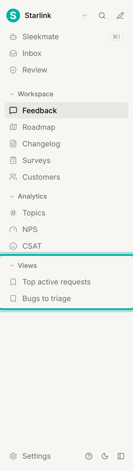 The left sidebar with the Views section highlighted, showing two saved views named Top active requests and Bugs to triage