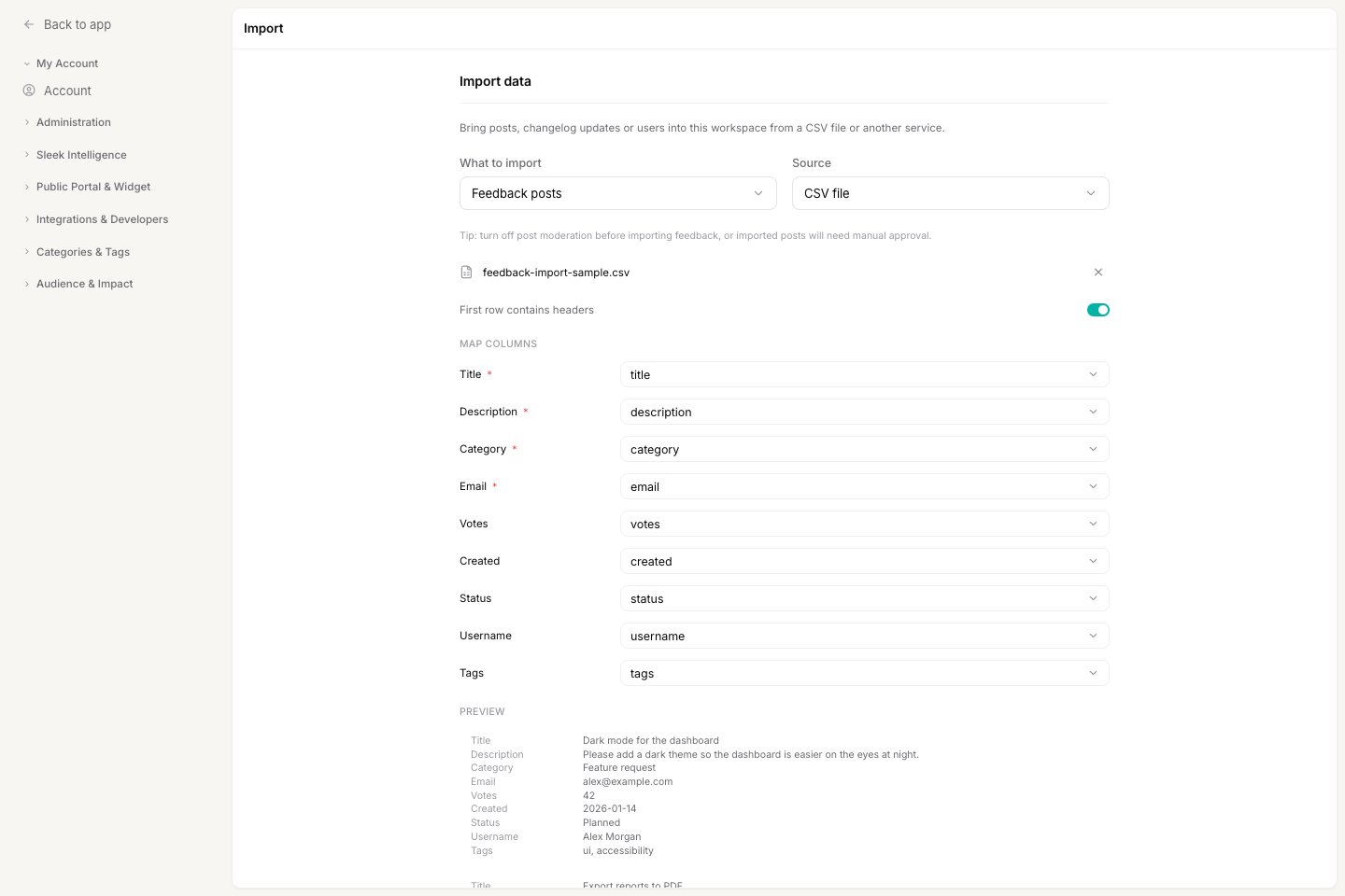The column mapping and preview after uploading a CSV