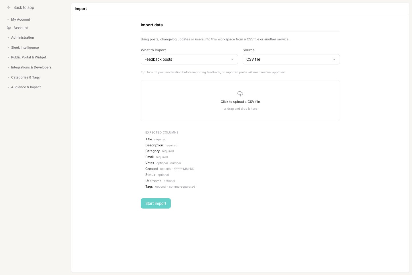 The Import data screen with the what-to-import and source selectors