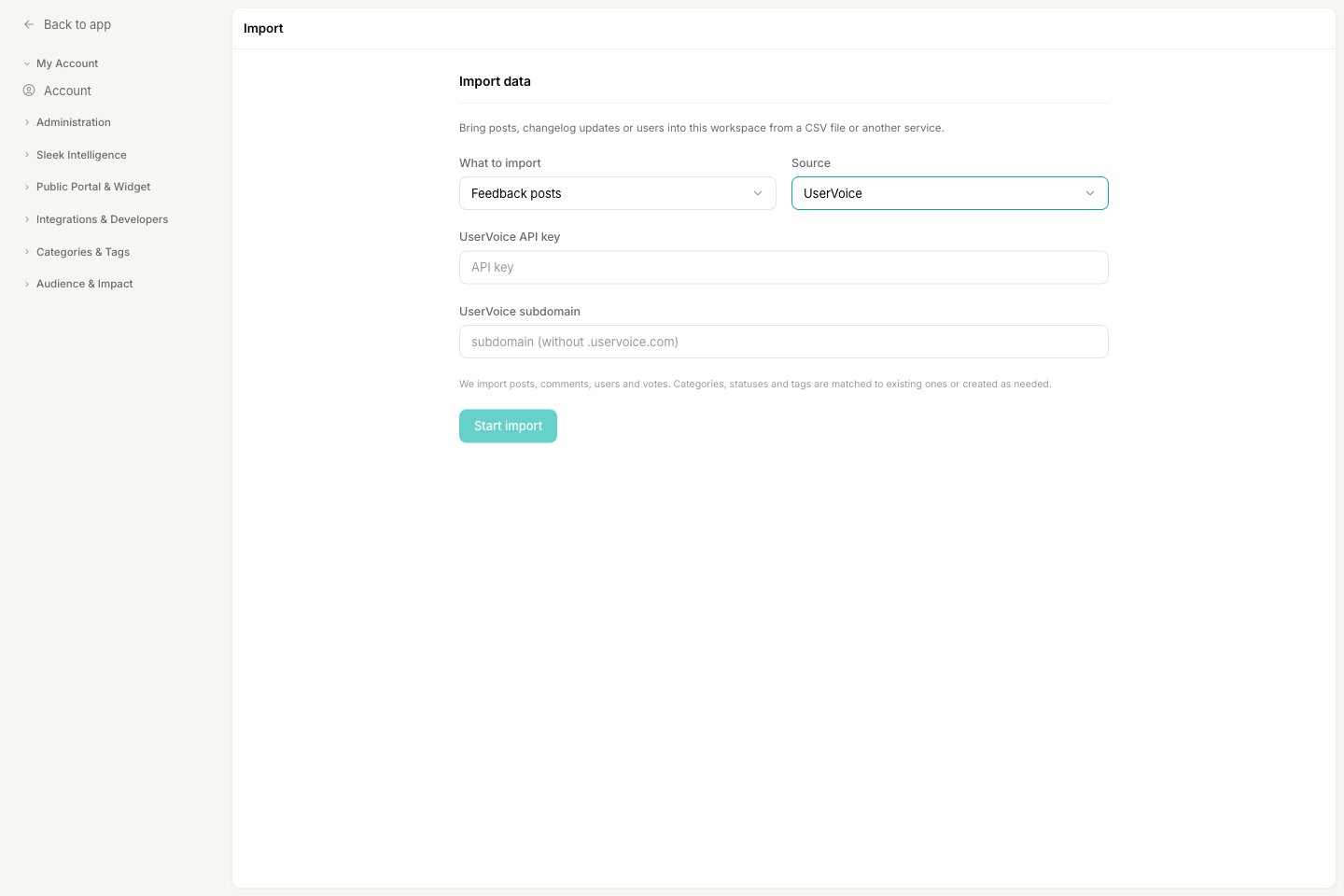 The UserVoice importer with API key and subdomain fields