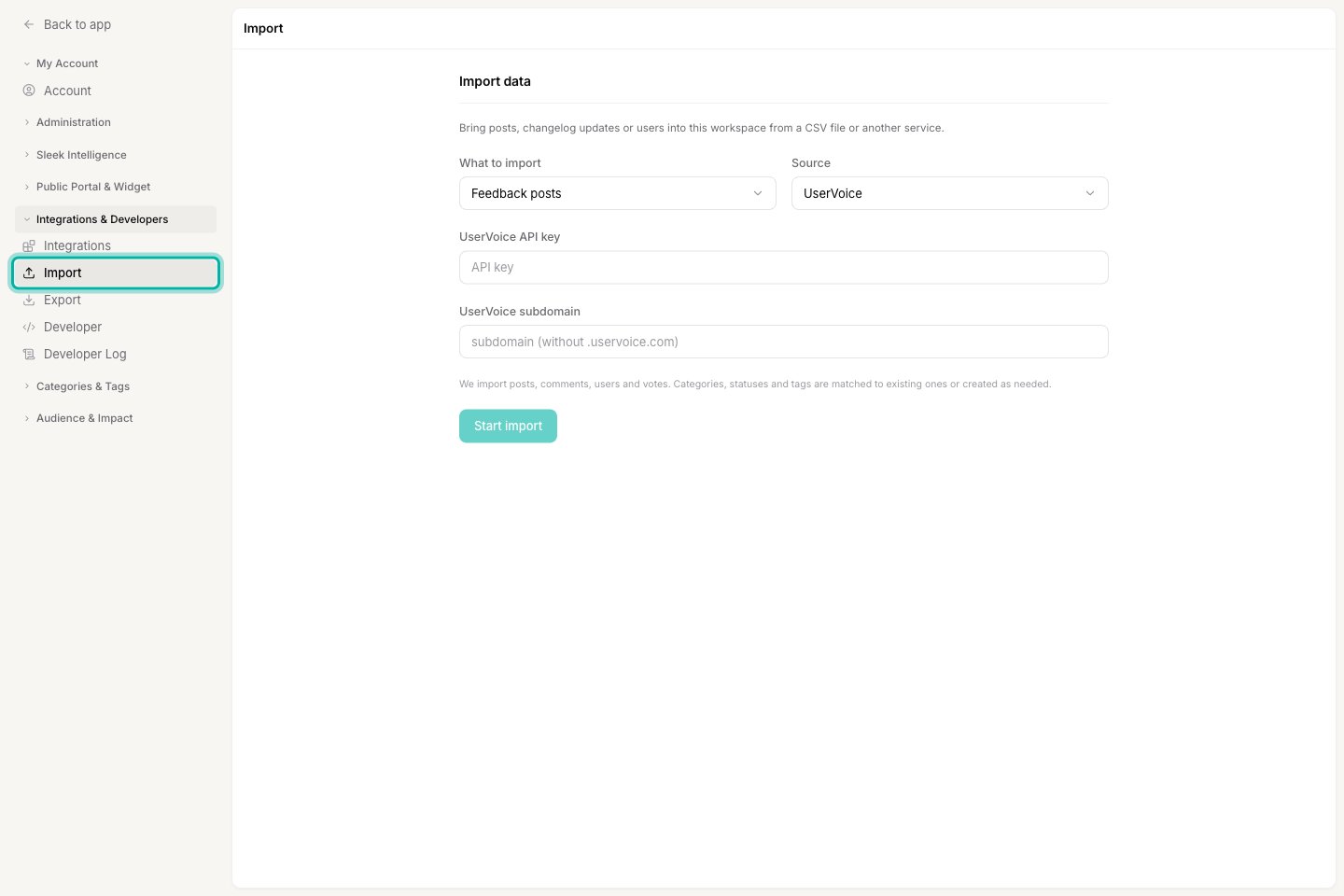 The Import item under Integrations and Developers in the settings sidebar