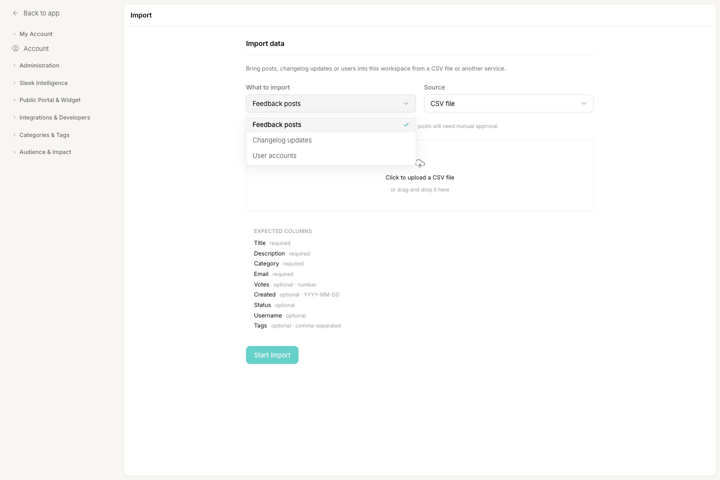 The what-to-import selector open on the Import screen
