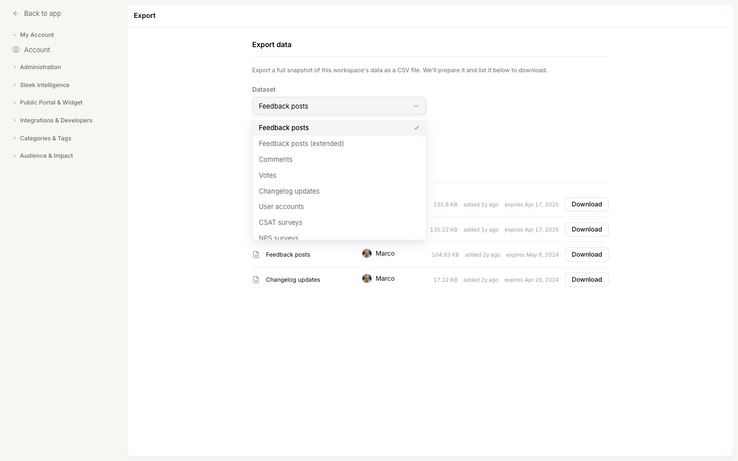 The Dataset menu open, listing Feedback posts, Feedback posts extended, Comments, Votes, Changelog updates, User accounts, CSAT surveys, and NPS surveys