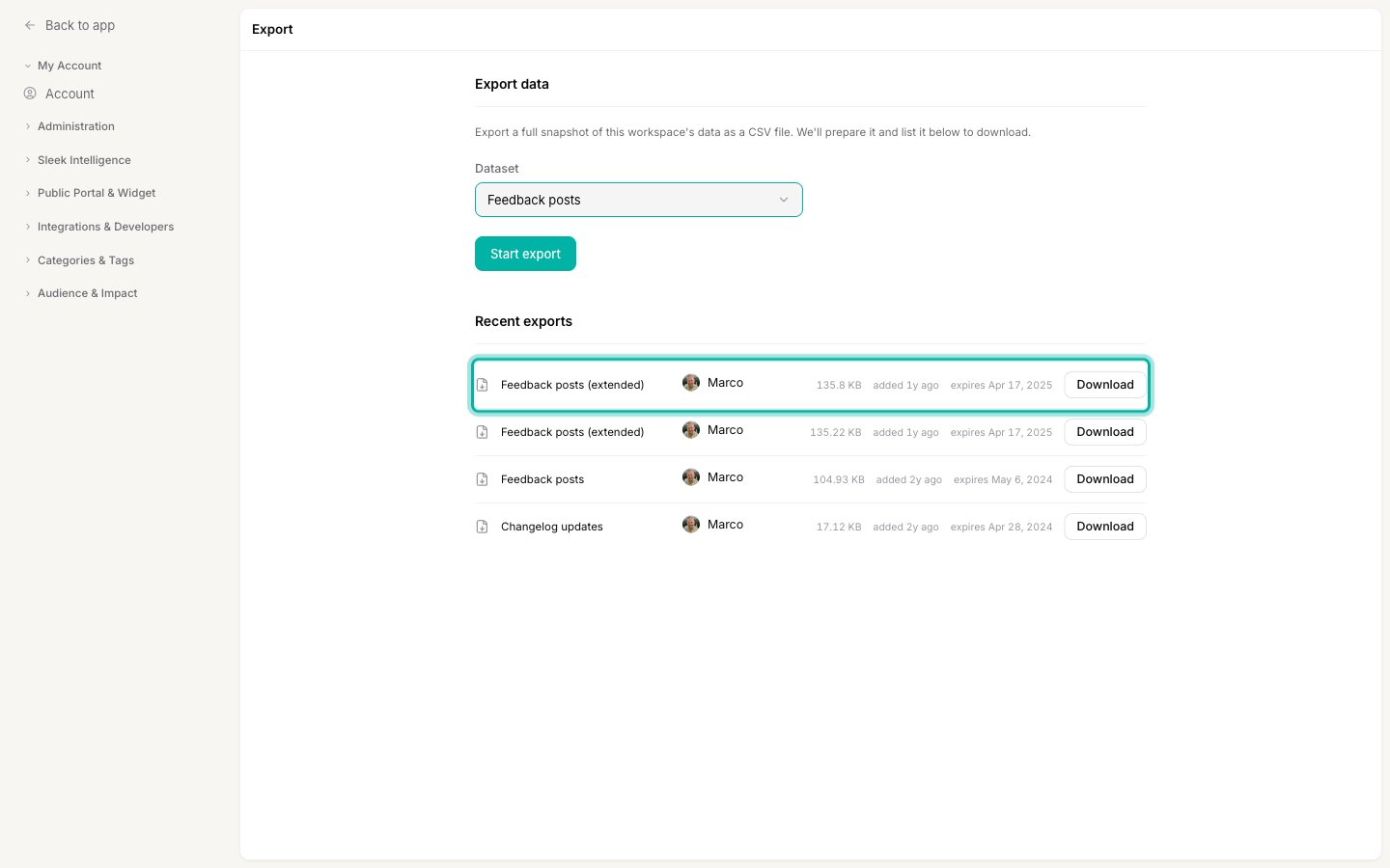 A Recent exports row highlighted, showing the dataset, requester, size, dates, and a Download button