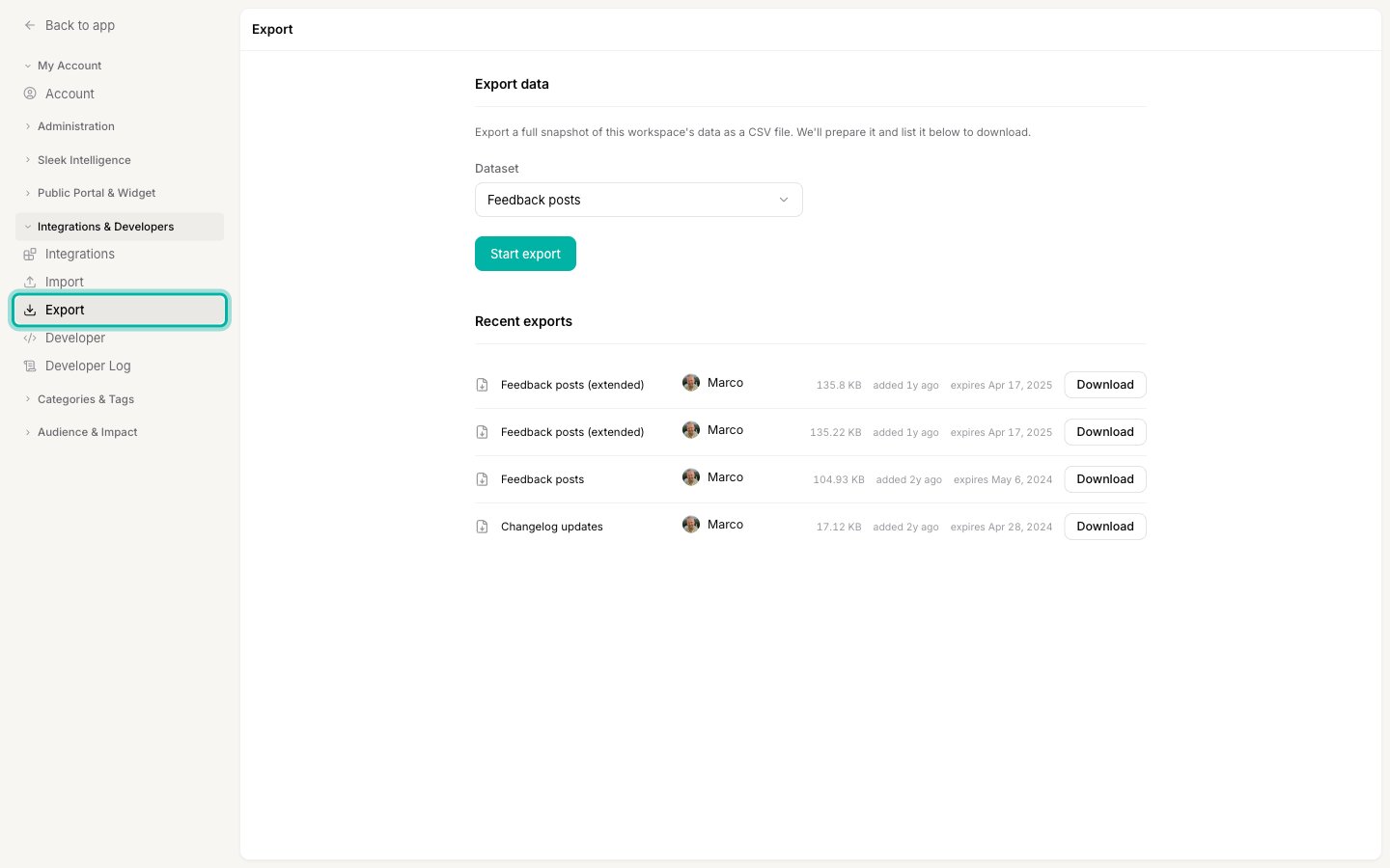 The Settings sidebar with the Export item highlighted under Integrations and Developers