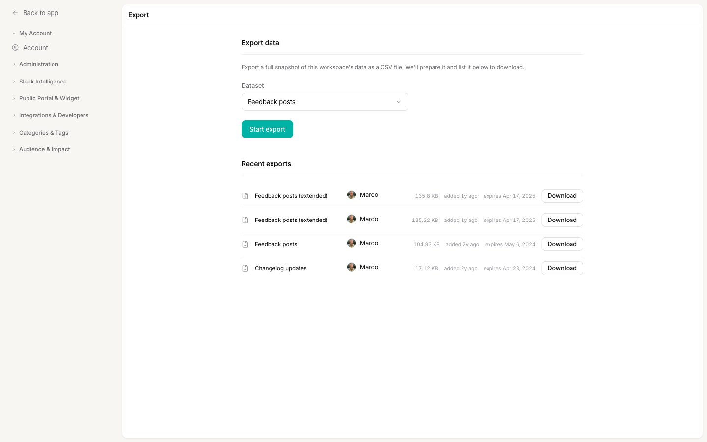 The Export screen showing the Export data panel with a Dataset picker and Start export button, above a list of Recent exports