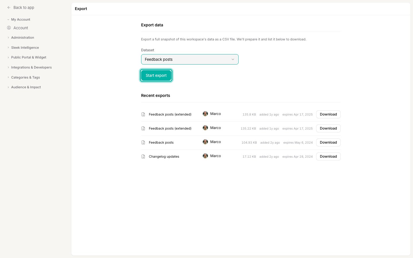 The Export data panel with the Start export button highlighted below the Dataset picker