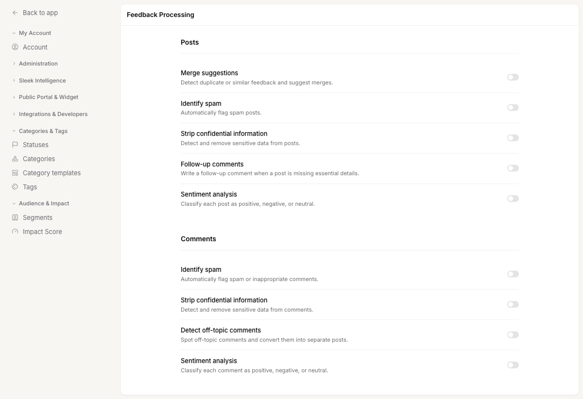 The Feedback Processing settings with automations for merging duplicates, flagging spam, and analyzing sentiment