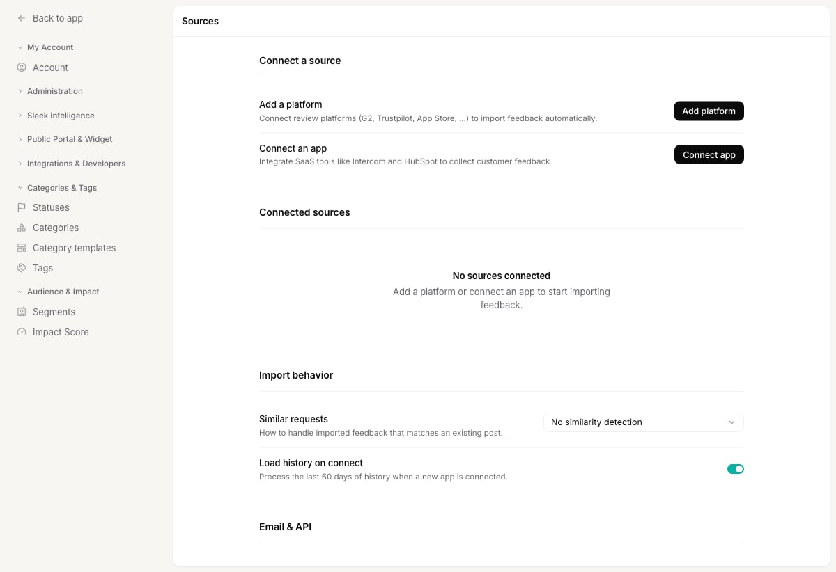 The Sources settings where you connect review platforms and apps to import feedback automatically