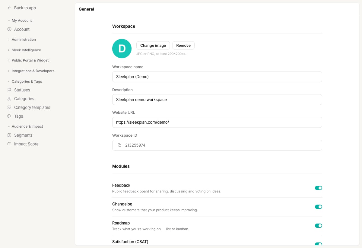 The Modules section in workspace settings, with a toggle for each module