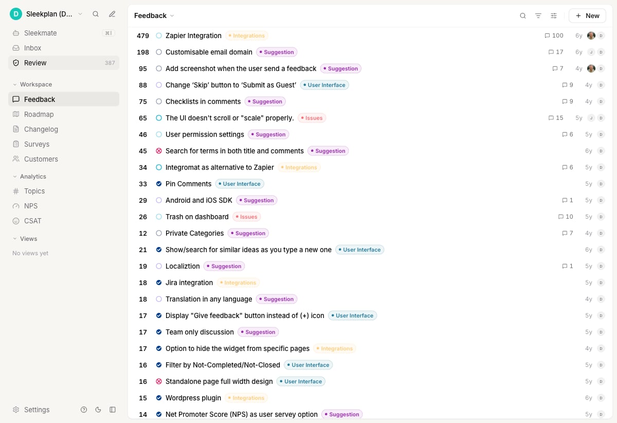 The Sleekplan admin dashboard showing the feedback board and the sidebar with all modules