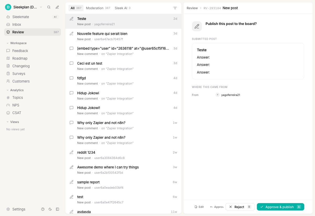 The Review queue with tabs for all items, moderation, and Sleek AI, and an approve or reject panel