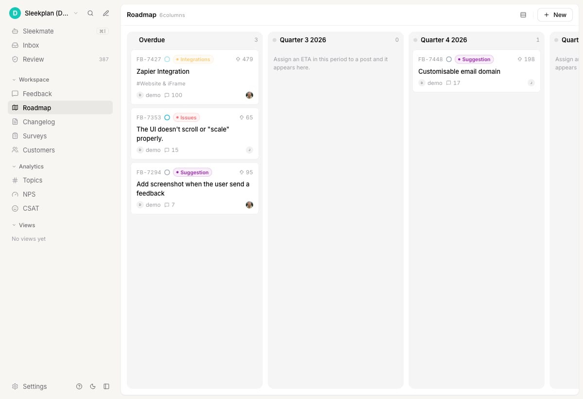 The roadmap as a kanban board with columns for each stage