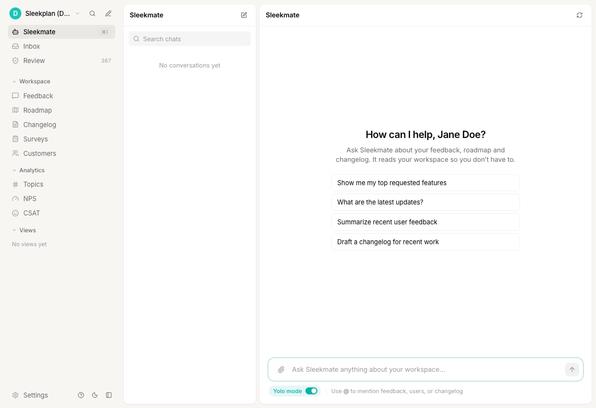 The Sleekmate assistant with prompts to summarize feedback, show top requests, and draft a changelog
