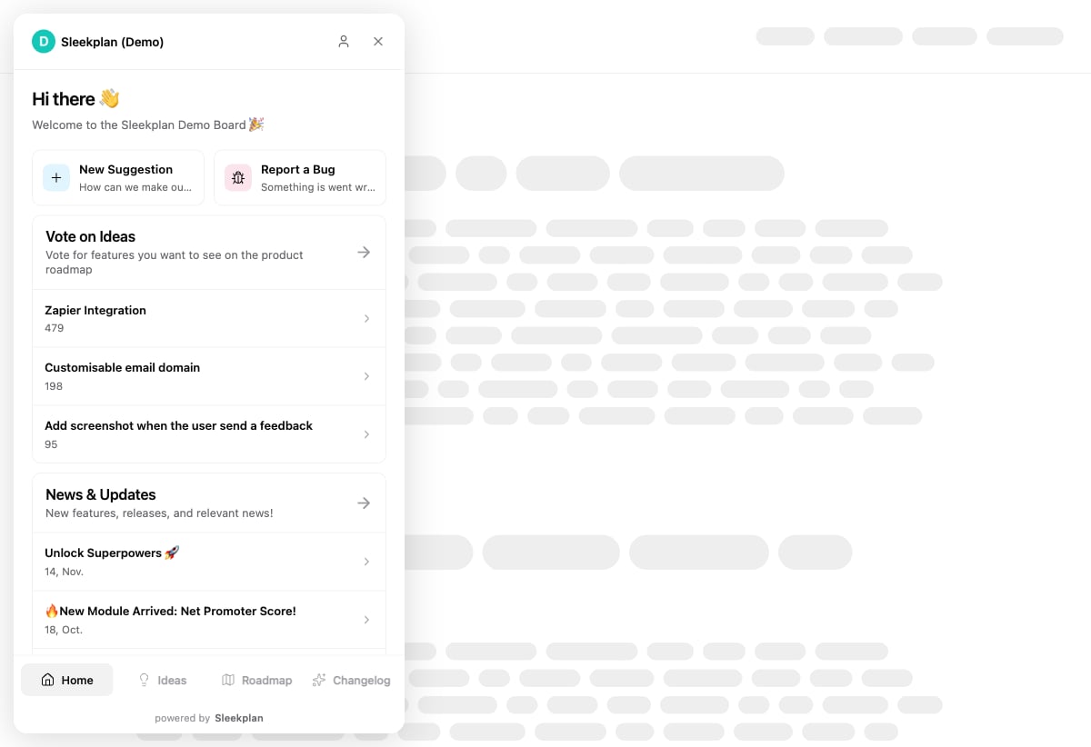 The Sleekplan feedback widget open over a website, showing the home screen with ideas and updates