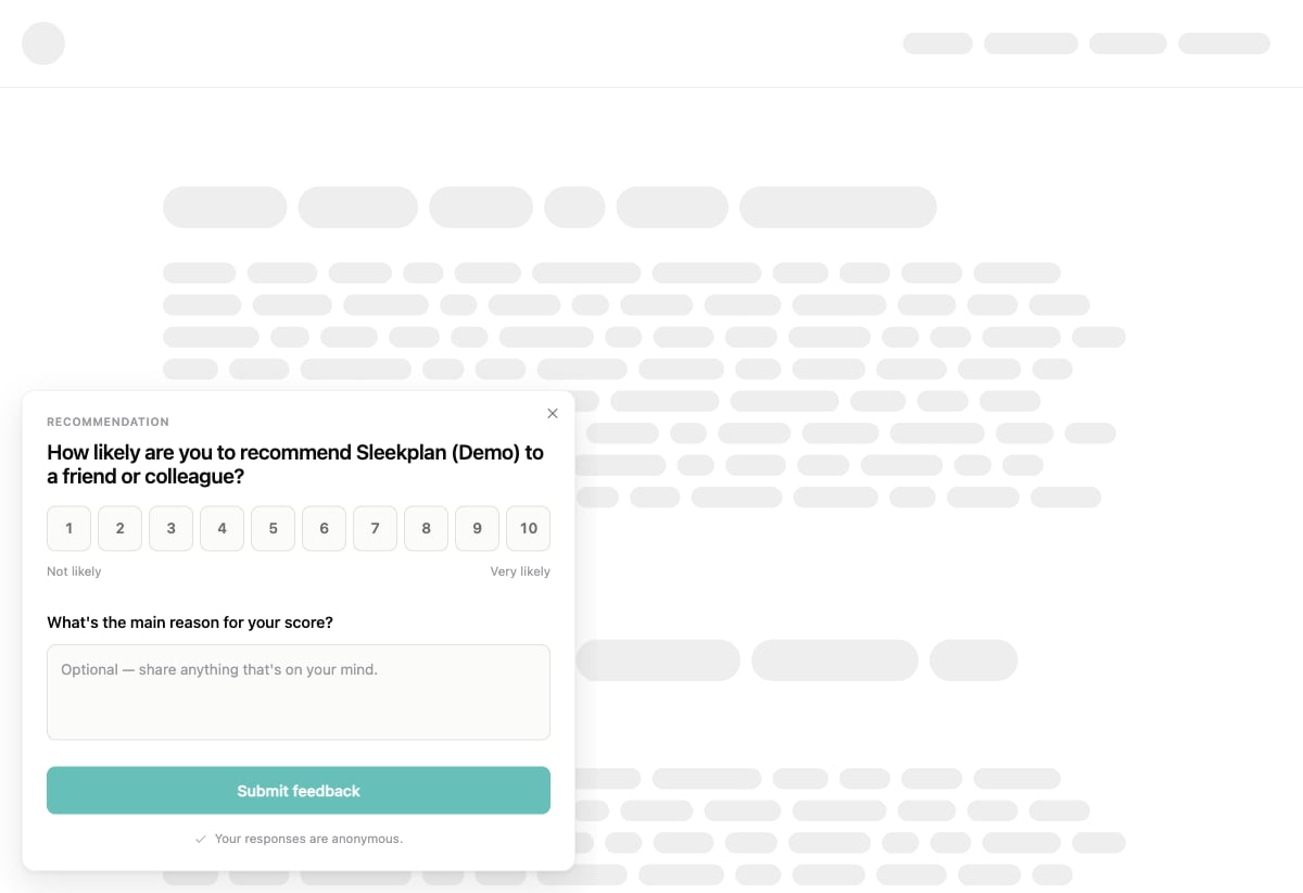 An NPS survey popup appearing over a website, asking how likely a user is to recommend the product