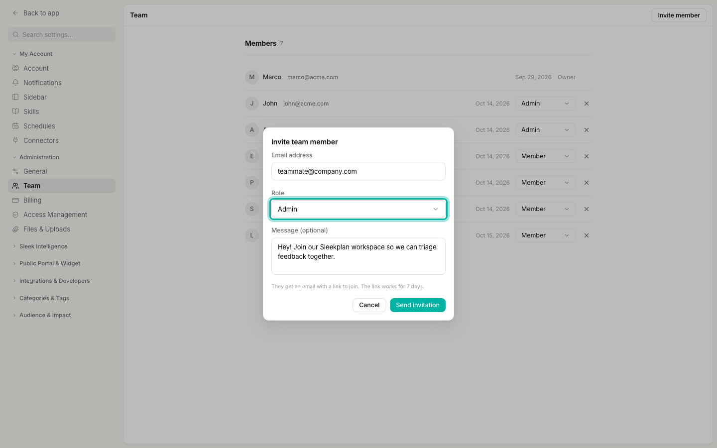 Invite team member dialog with an email address, the Role field set to Admin and highlighted, and an optional message filled in