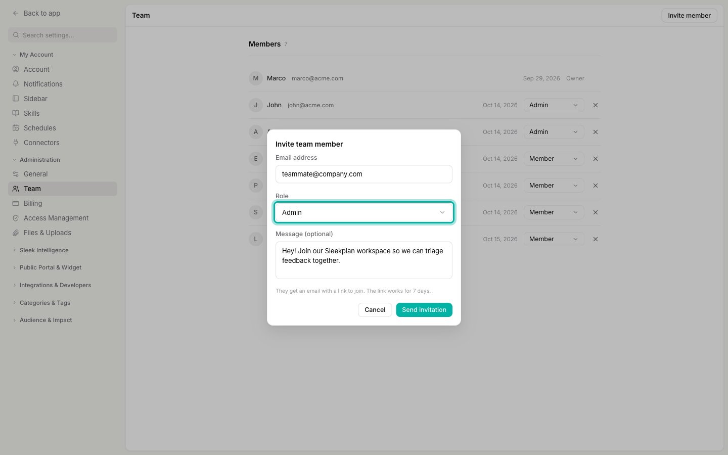 Invite team member dialog with an email address, the Role field set to Admin and highlighted, and an optional message filled in