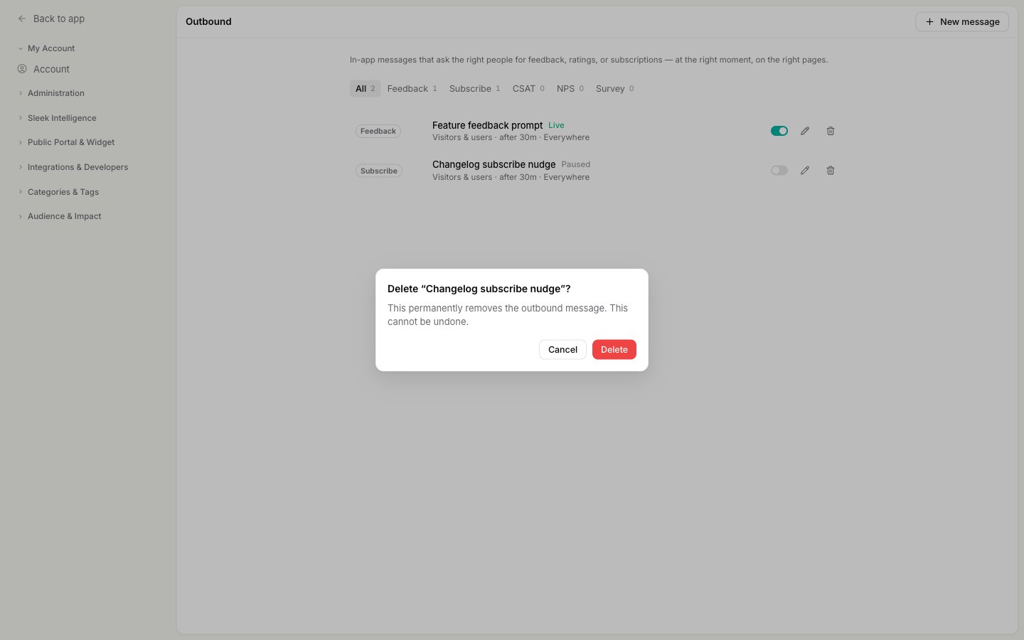 The delete confirmation dialog for a popup