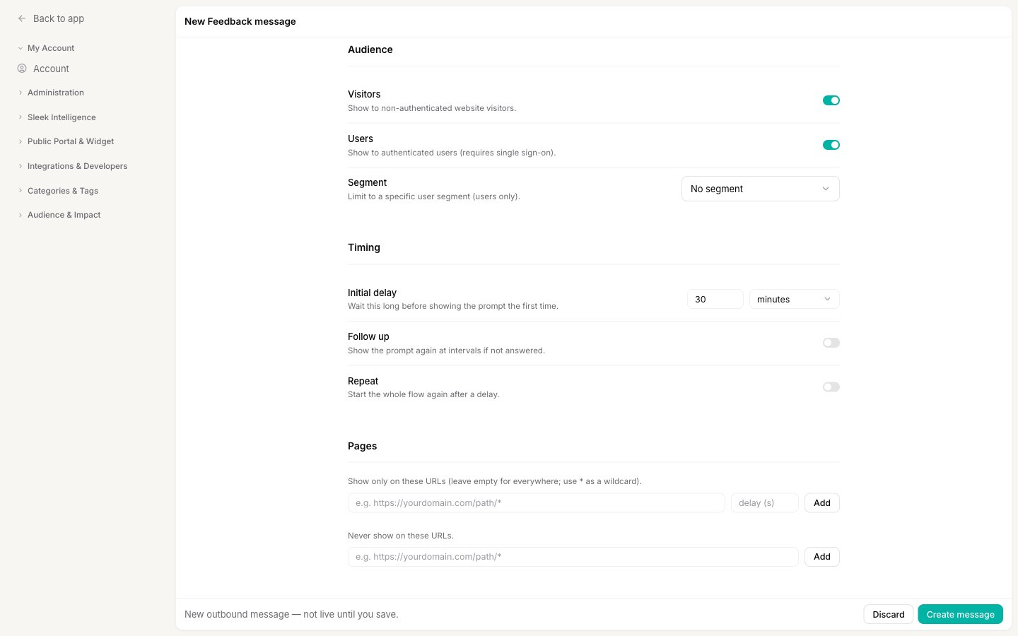 The popup editor showing the Timing and Pages sections