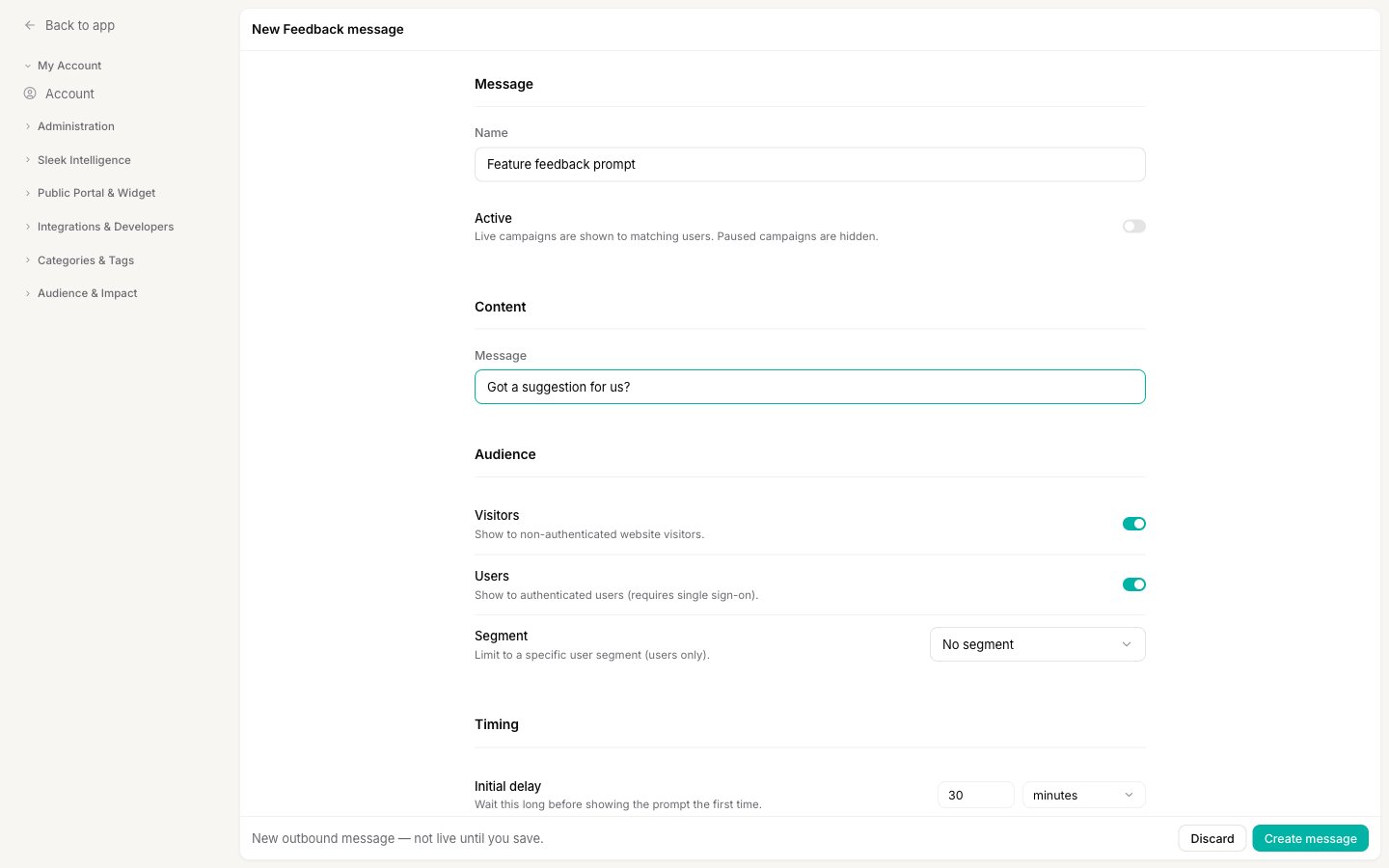 The popup editor showing the Message, Content, and Audience sections