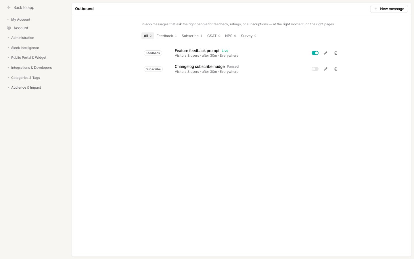 The Outbound messages list with a live Feedback popup and a paused Subscribe popup, each with a toggle, edit, and delete control