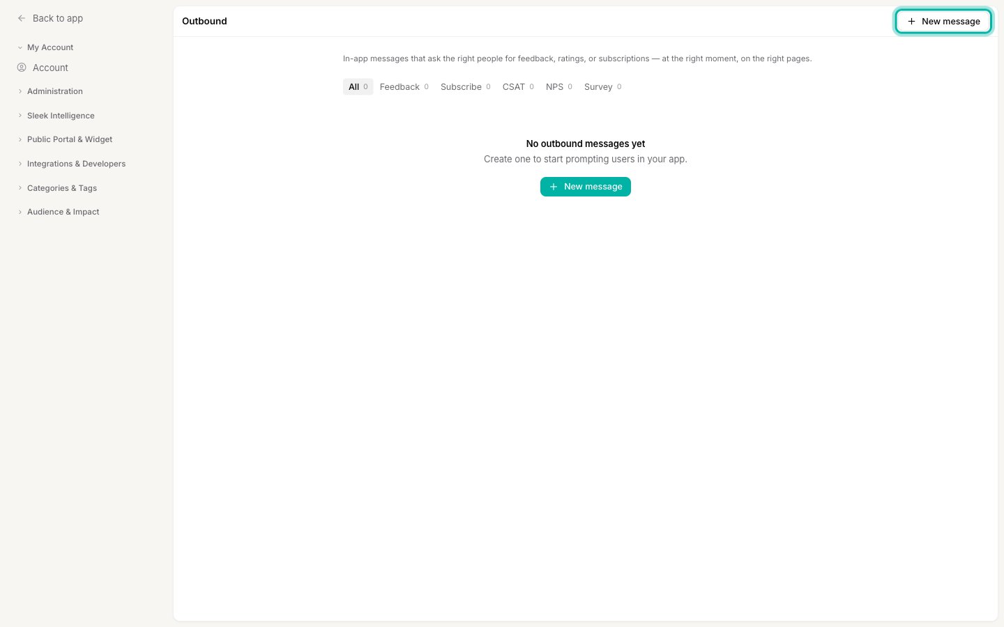 The Outbound messages screen with the New message button highlighted