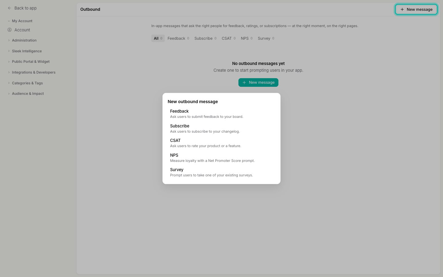 The New outbound message dialog listing the five popup types