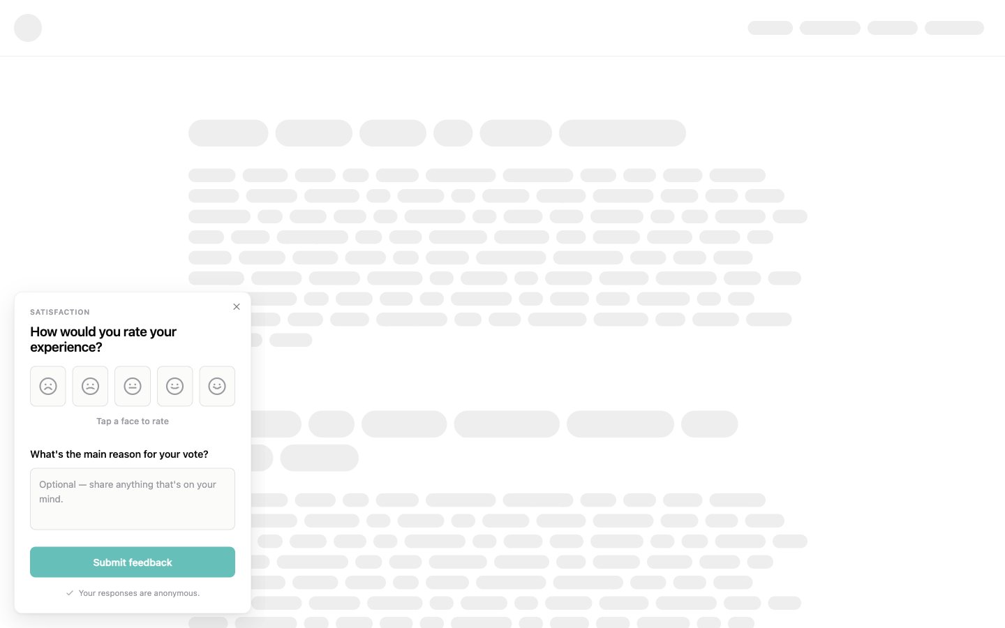 A CSAT popup asking "How would you rate your experience?" with five face ratings