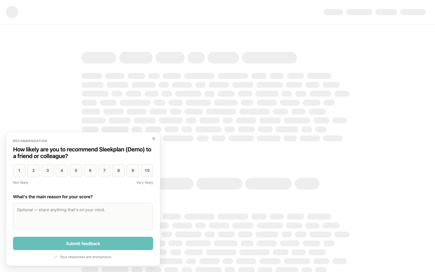 An NPS popup asking "How likely are you to recommend us?" on a 1 to 10 scale