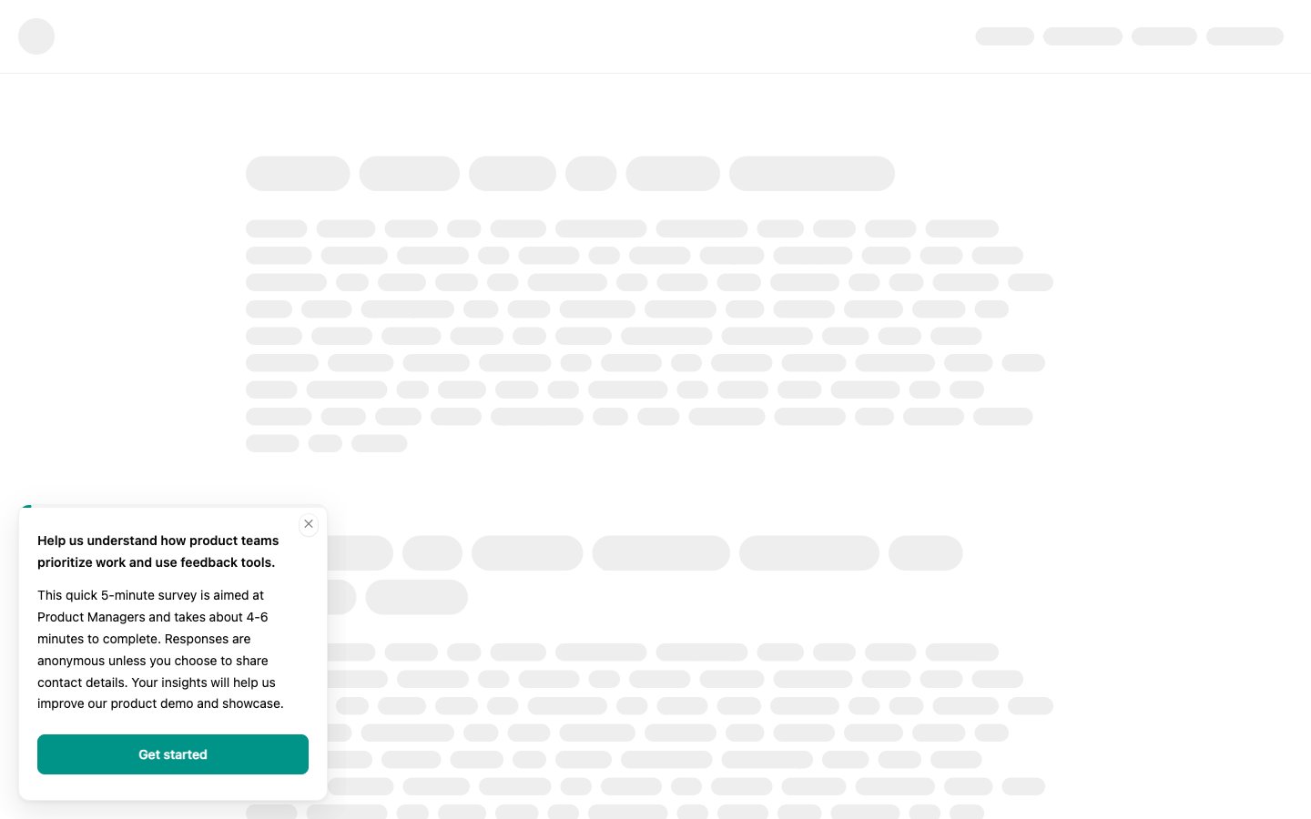 A Survey popup introducing a survey with a "Get started" button
