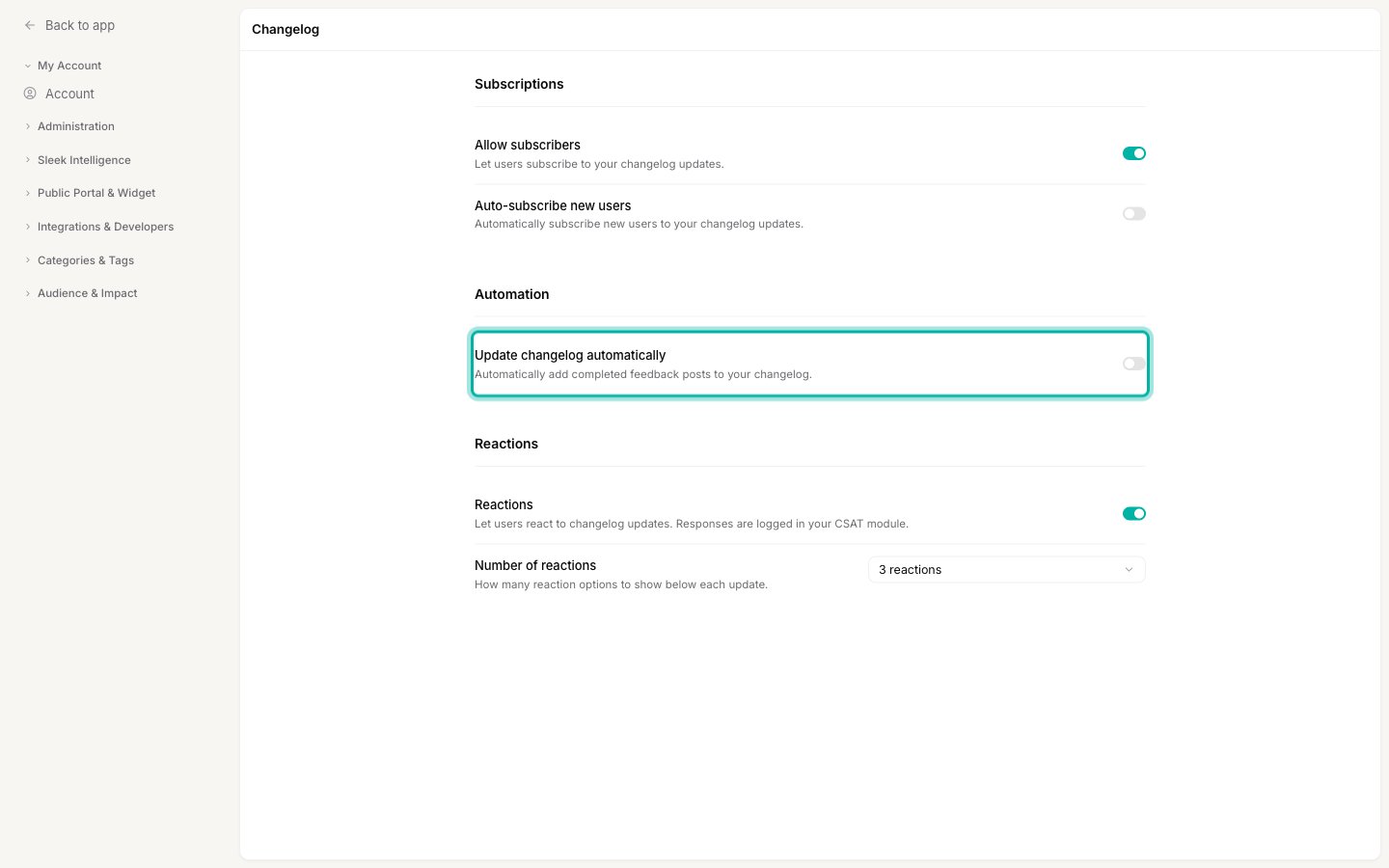 The Automation section with the Update changelog automatically toggle