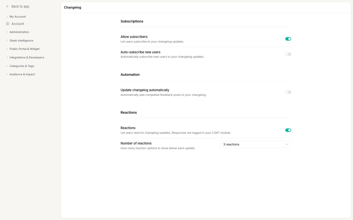 The Changelog settings screen with the Subscriptions, Automation, and Reactions sections