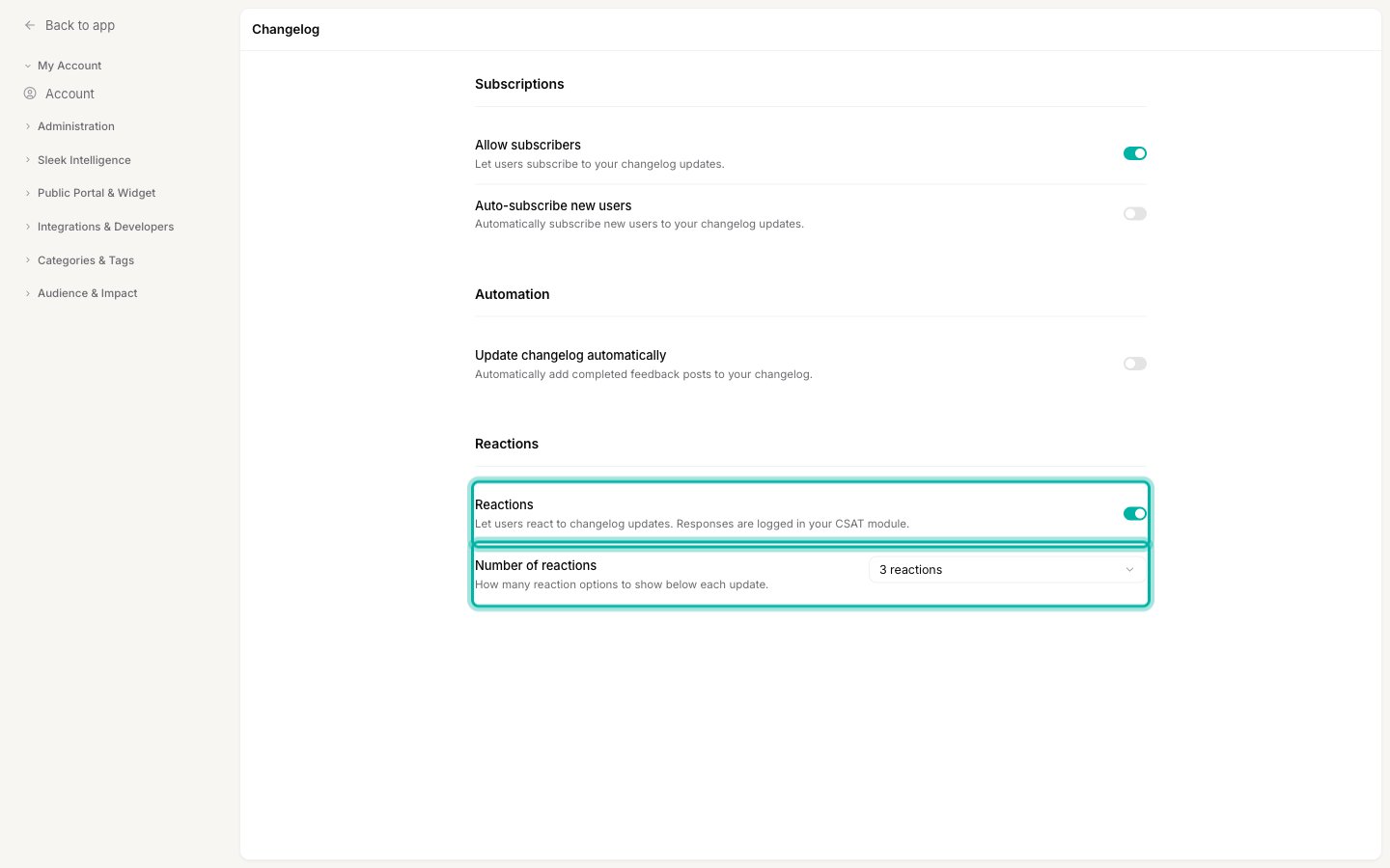 The Reactions section with the Reactions toggle and the Number of reactions selector
