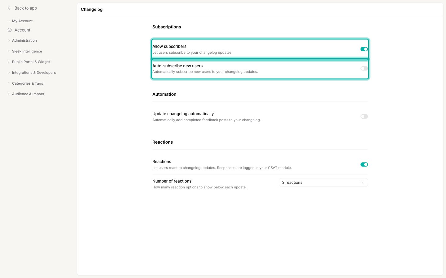 The Subscriptions section with the Allow subscribers and Auto-subscribe new users toggles