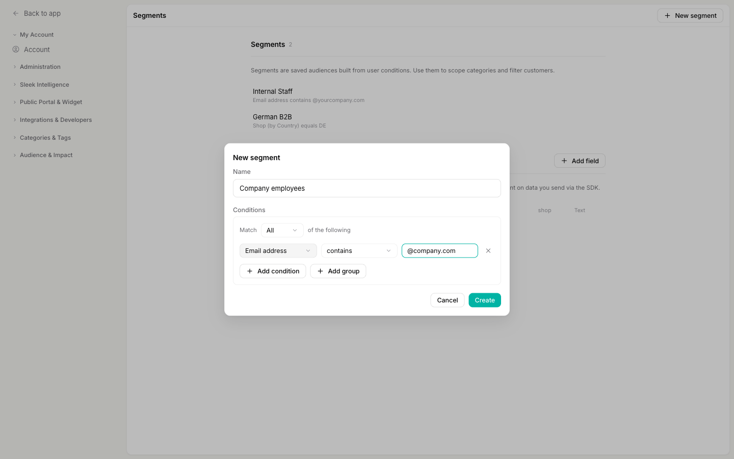 The New segment dialog named Company employees with a condition reading Email address contains @company.com