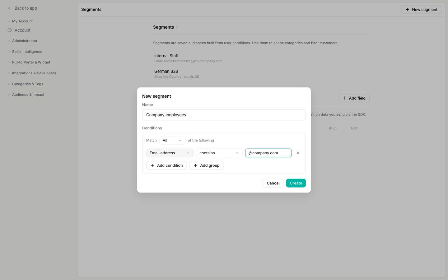 The New segment dialog named Company employees with a condition reading Email address contains @company.com