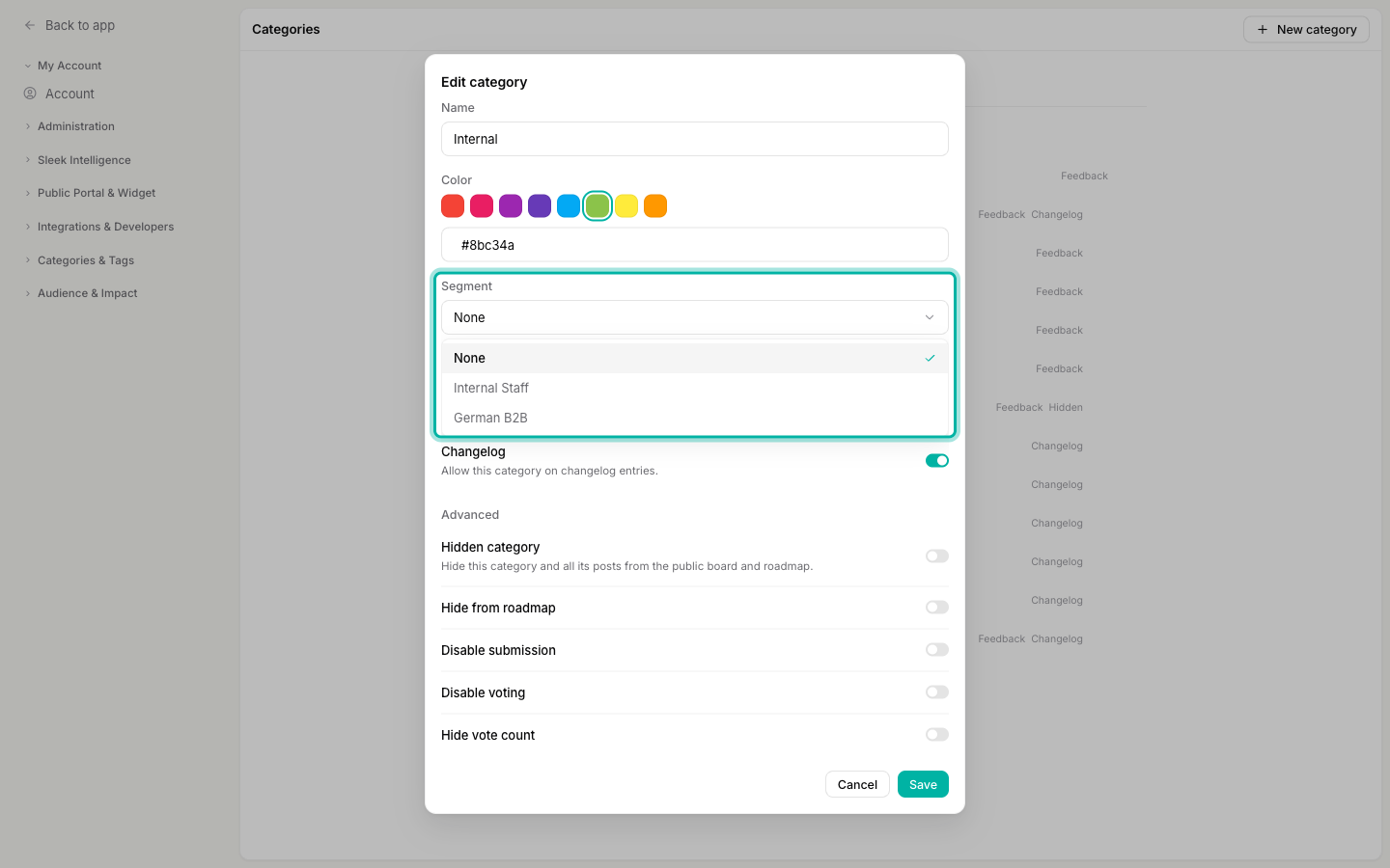 The Edit category dialog with the Segment dropdown open, showing None, Internal Staff, and German B2B