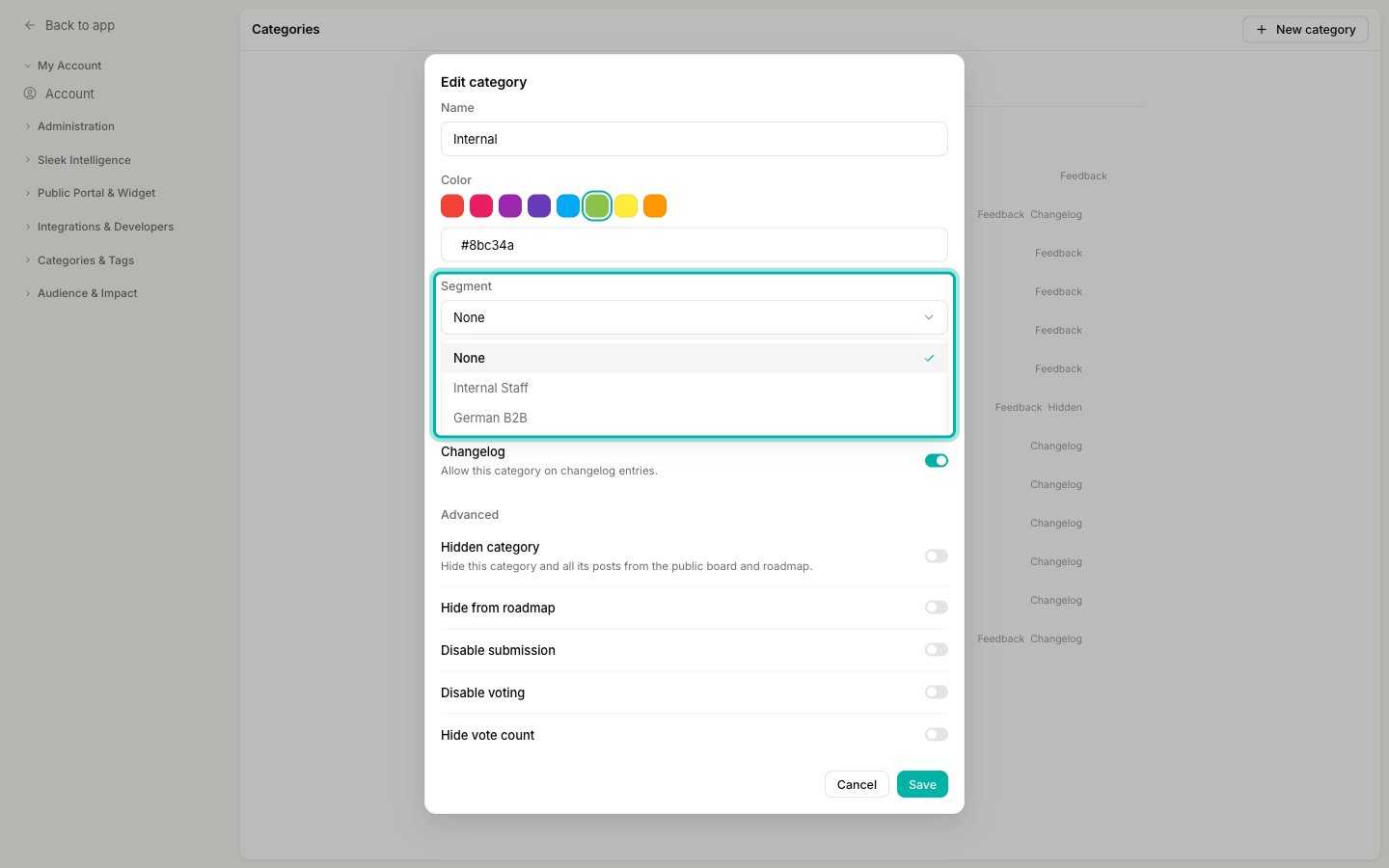 The Edit category dialog with the Segment dropdown open, showing None, Internal Staff, and German B2B