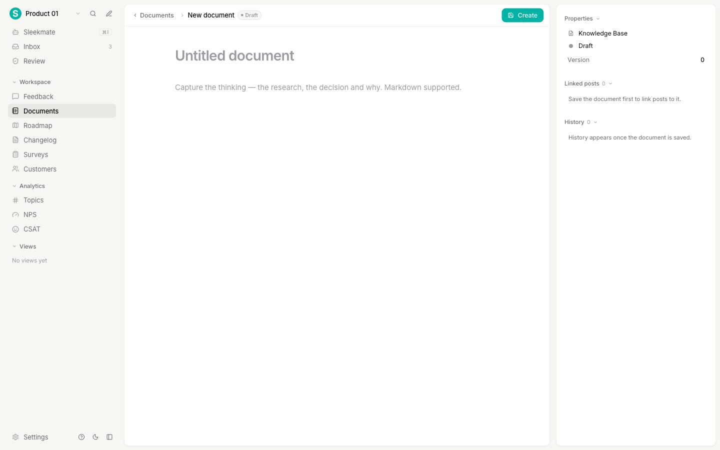 An empty new document with placeholder title and body, and a Create button