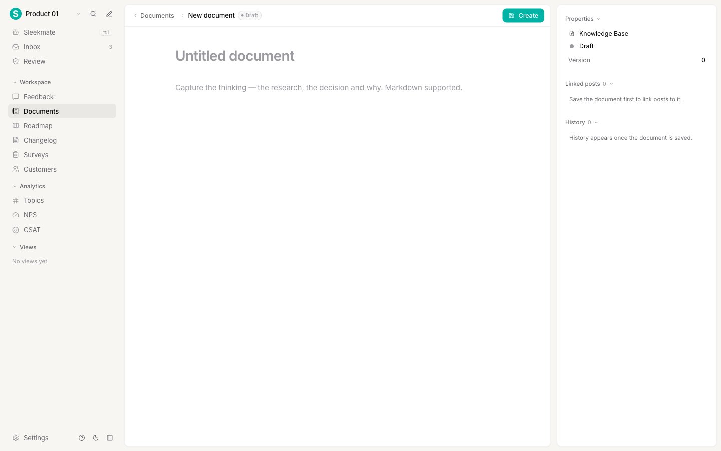 An empty new document with placeholder title and body, and a Create button