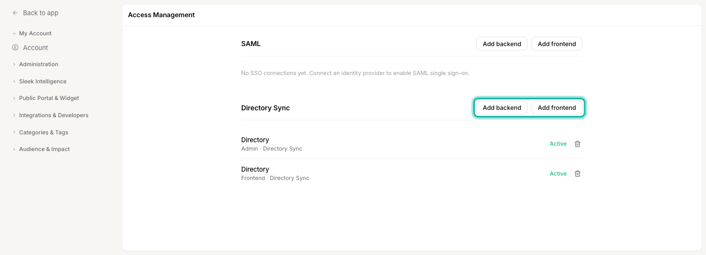 The Directory Sync section with the Add backend and Add frontend buttons highlighted